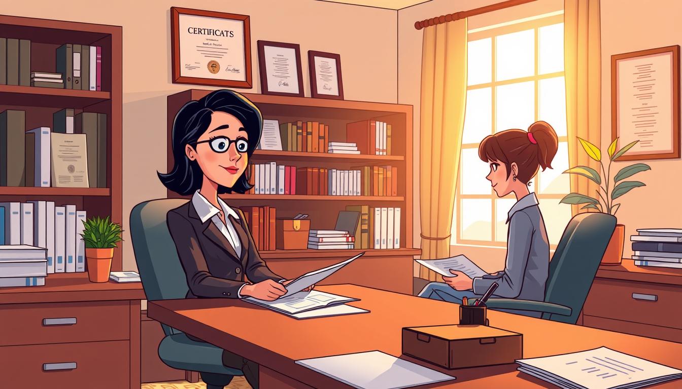 Um espaço de trabalho sereno e profissional com mesa, computador e material de escritório. Em primeiro plano, uma mulher em traje formal está sentada à mesa, examinando documentos. Uma luz natural e quente se infiltra por uma janela, criando um brilho suave. Ao fundo, uma estante e certificados emoldurados transmitem uma sensação de expertise e segurança. O clima geral é de confiança, estabilidade e o empoderamento de uma mãe trabalhadora.